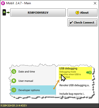 پنجره اصلی، بررسی اتصال و راهنمای فعال‌سازی USB Debugging